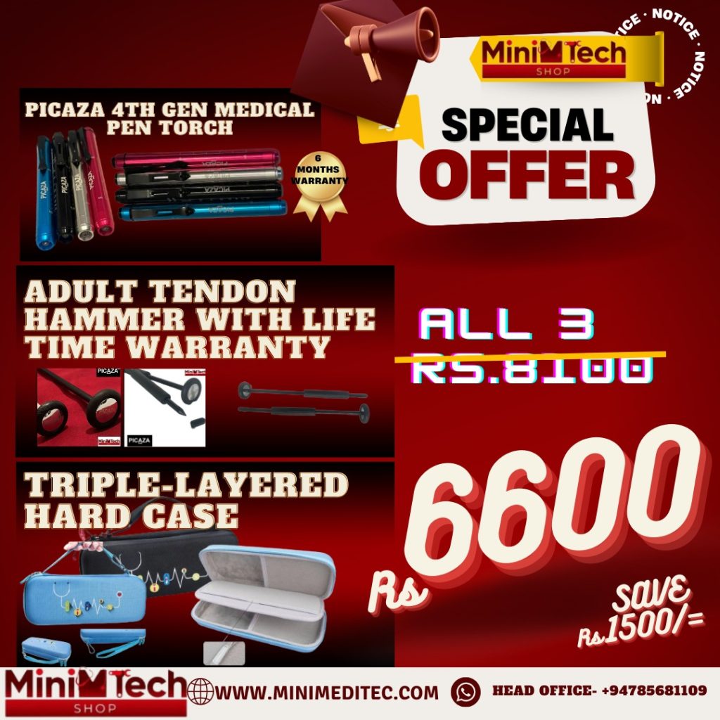 In this package we provide these items to our medicos. 1) Triple layered hard stethoscope case/pouch ECG logo nylon material - BLACK COLOUR 2) PICAZA Adult heavy tendon hammer 3) PICAZA 4th gen torches With this 3 items you can protect your valuable stethoscope & master your clinicals well.